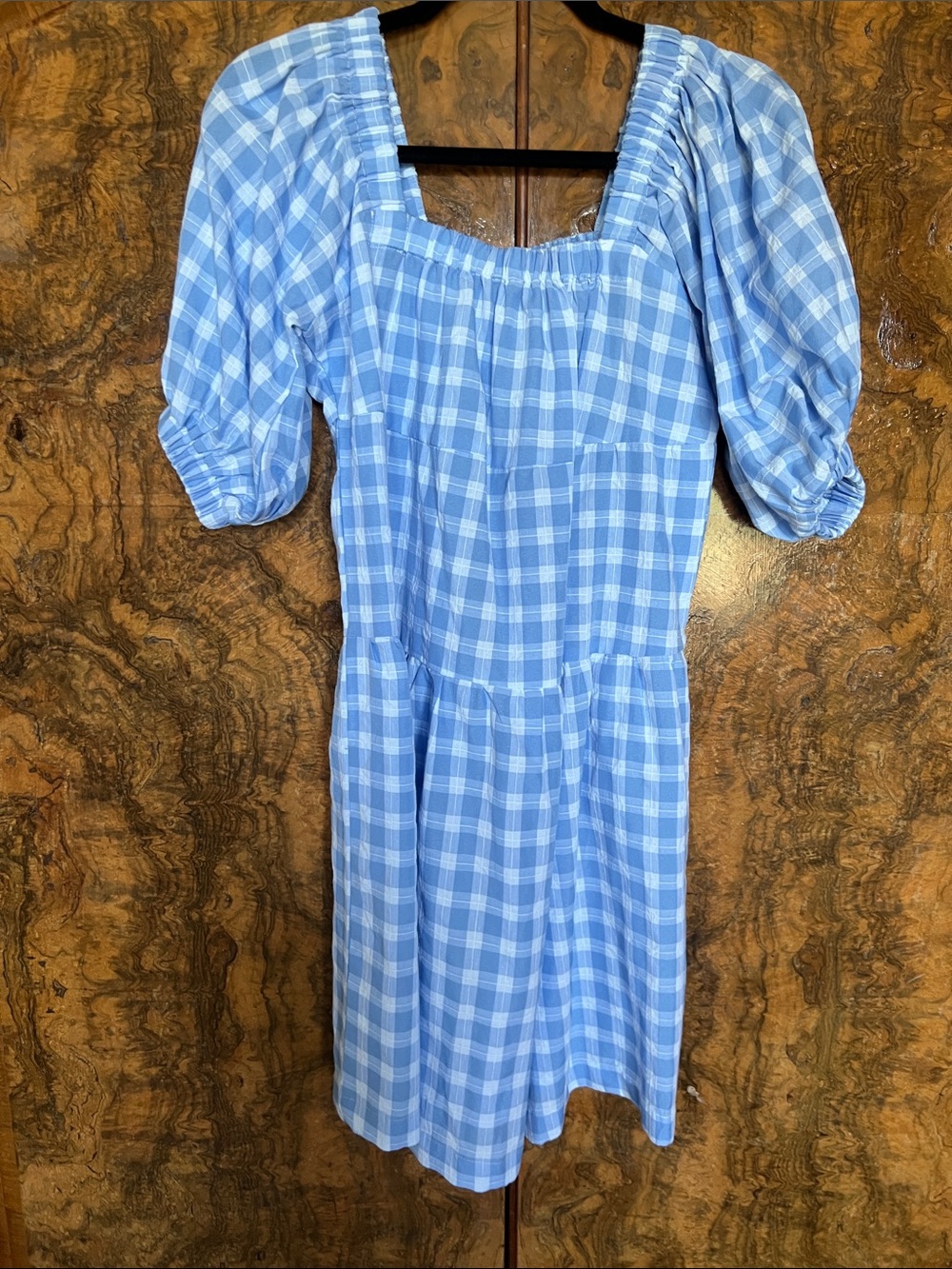 Square Neck Light Blue Gingham Midi Dress